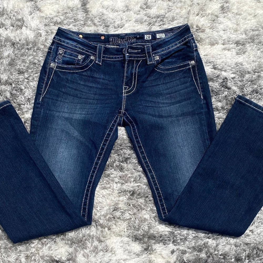 JP5974B7D Miss Me Medium Wash Blue Rhinestone Flap Pockets Size 28x30